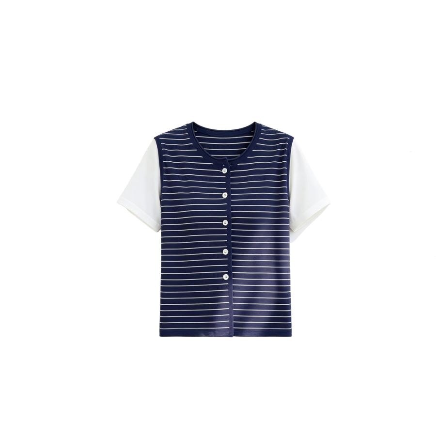 CPAURA Knitwear Women's Navy Blue Mock Two Piece Crew Neck Moderate Cardigan