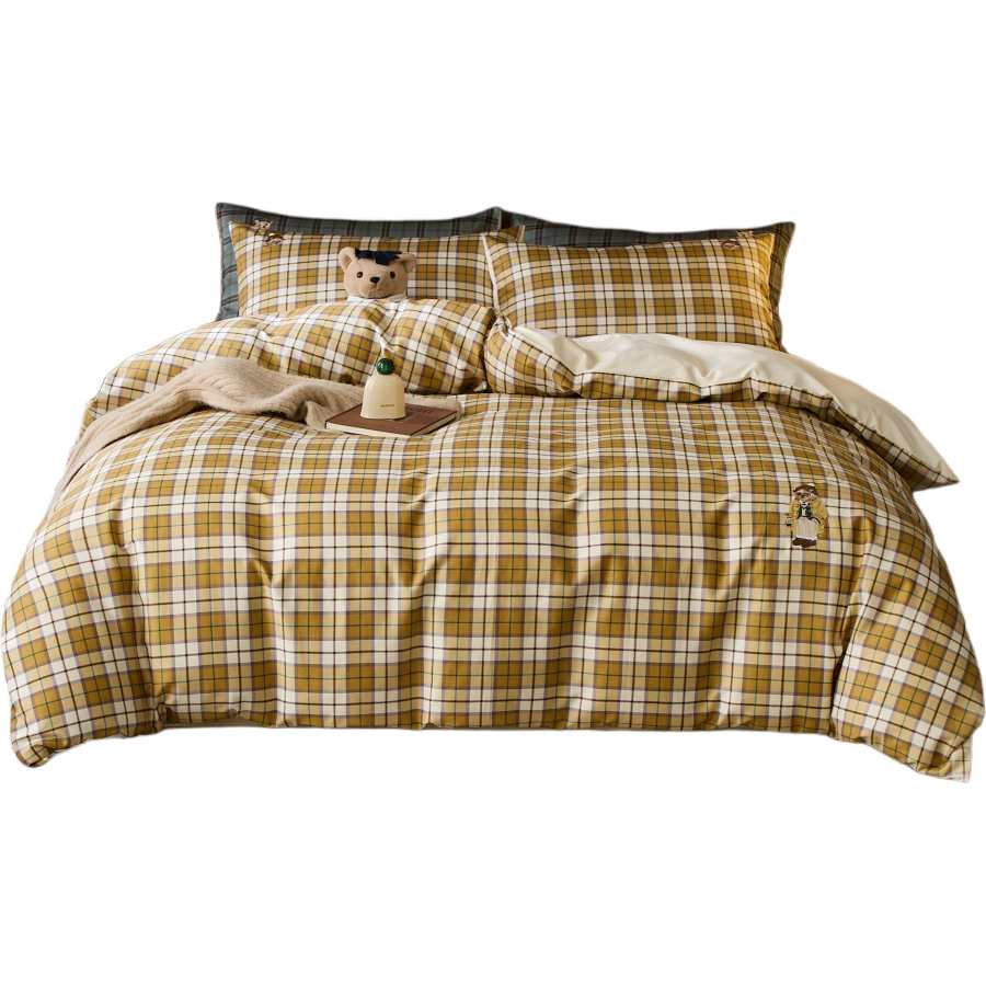 Teenie Weenie Bear Plaid Preppy Style 100% Cotton Fitted Sheet Set, University Student Dormitory Three Piece Set