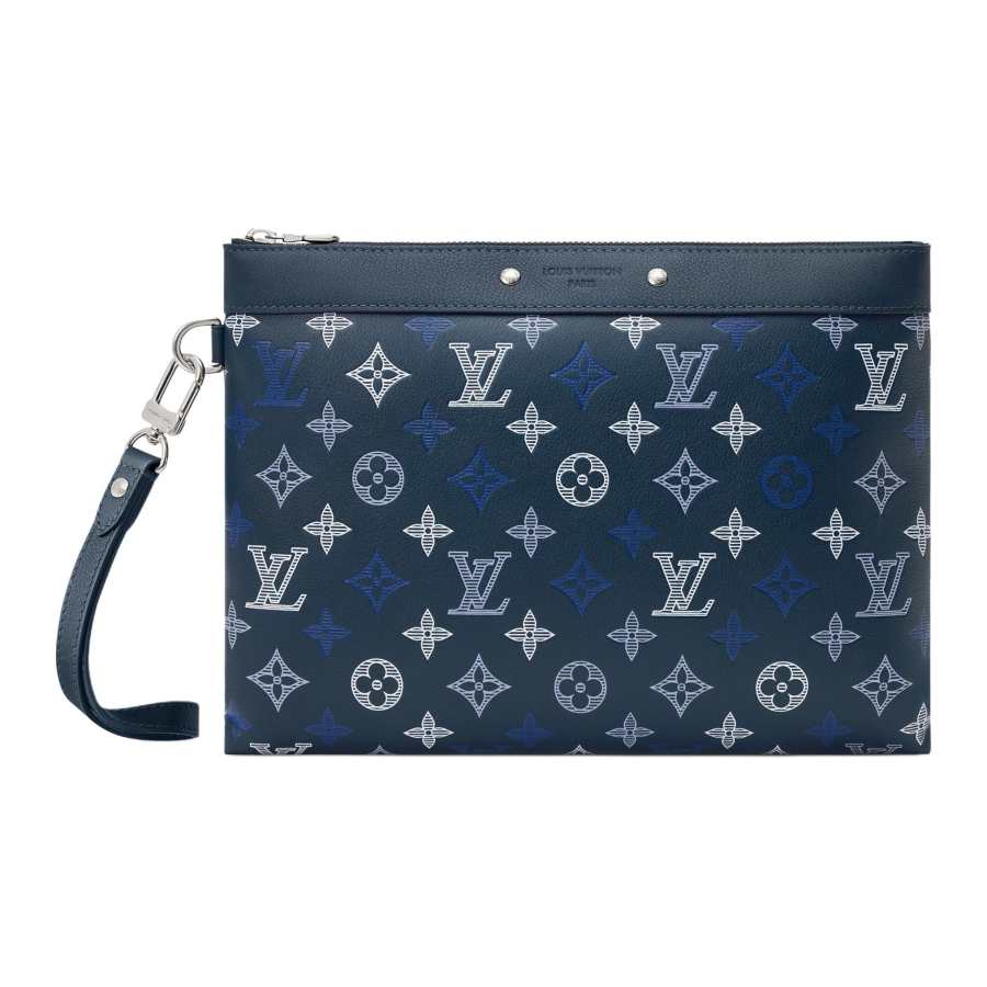 LOUIS VUITTON Pochette To Go Monogram Shadow Cow Leather Clutch Men's Dark Blue