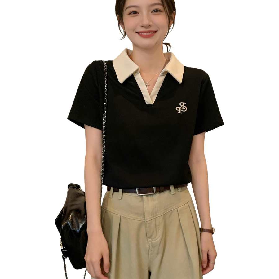 VENICEW T Shirts Women's Black Lapel