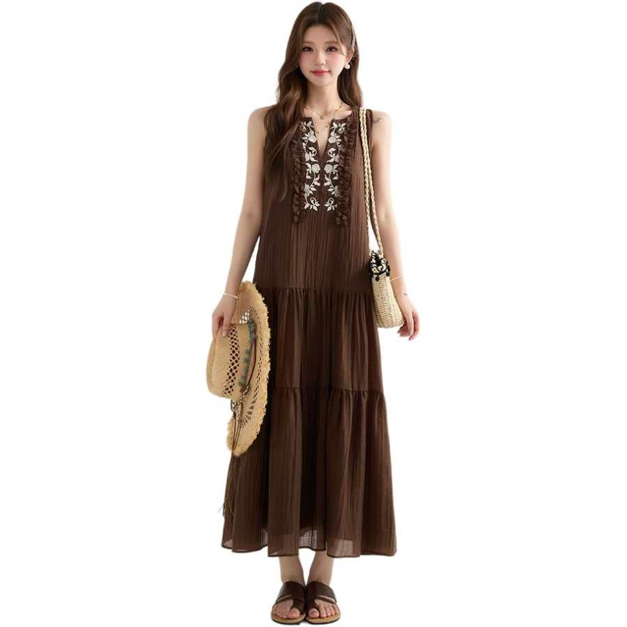 JBBCN Sleeveless Dresses Women's Coffee Belt Not Included V Neck Thin Long