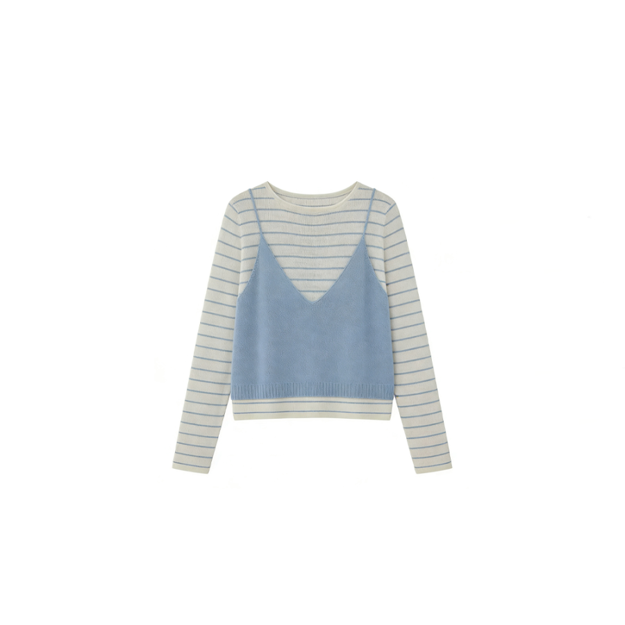 CPAURA Knitwear Women's Blue Mock Two Piece Crew Neck Moderate Base Layer