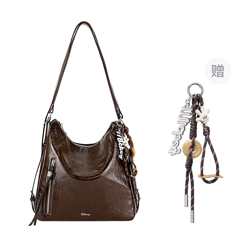 Disney Mickey Mouse PU Waxed Leather Shoulder Bag Women's Brown