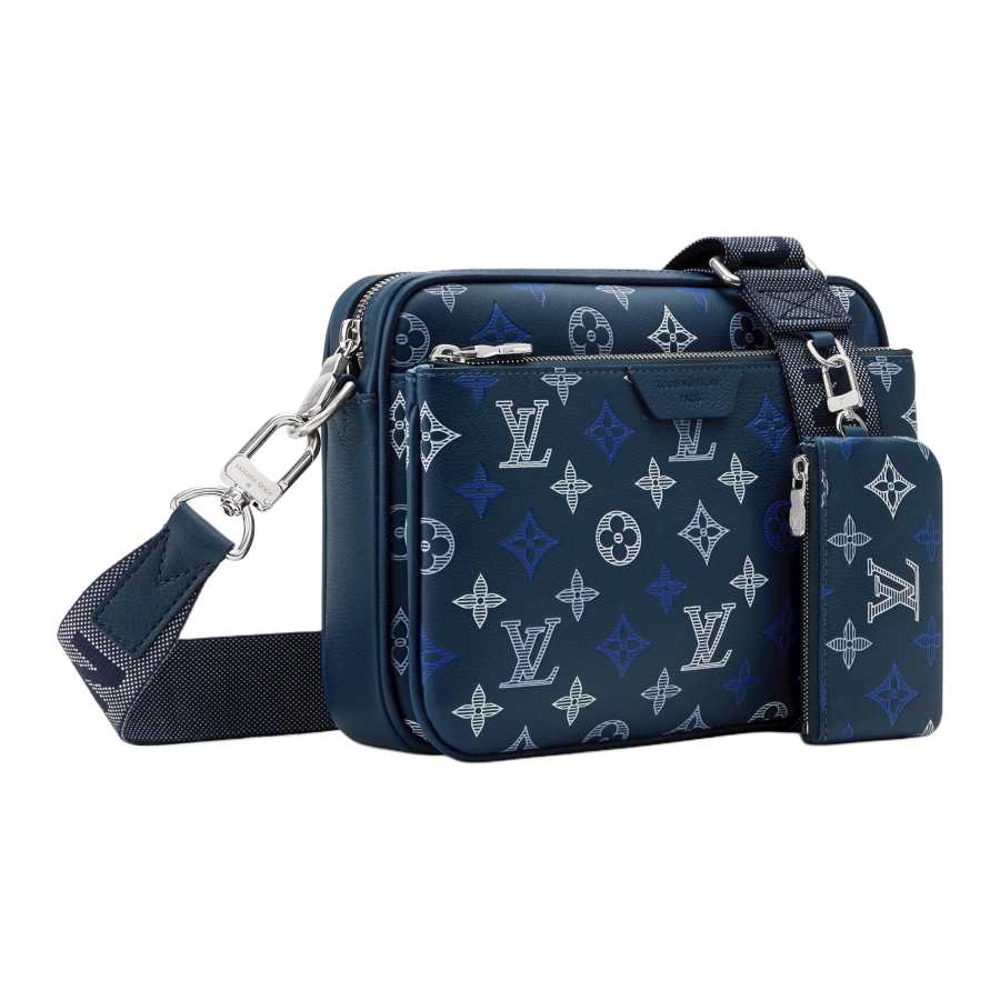 LOUIS VUITTON Trio Monogram Shadow Cow Leather Messenger Bag, Shoulder Bag, Crossbody Bag Men's Navy Blue