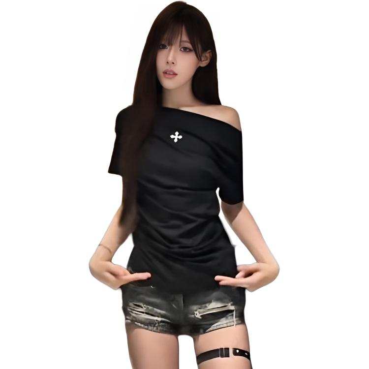 Cotton Gene T Shirts Women's Black Asymmetrical Collar Thin Nipped In Waist