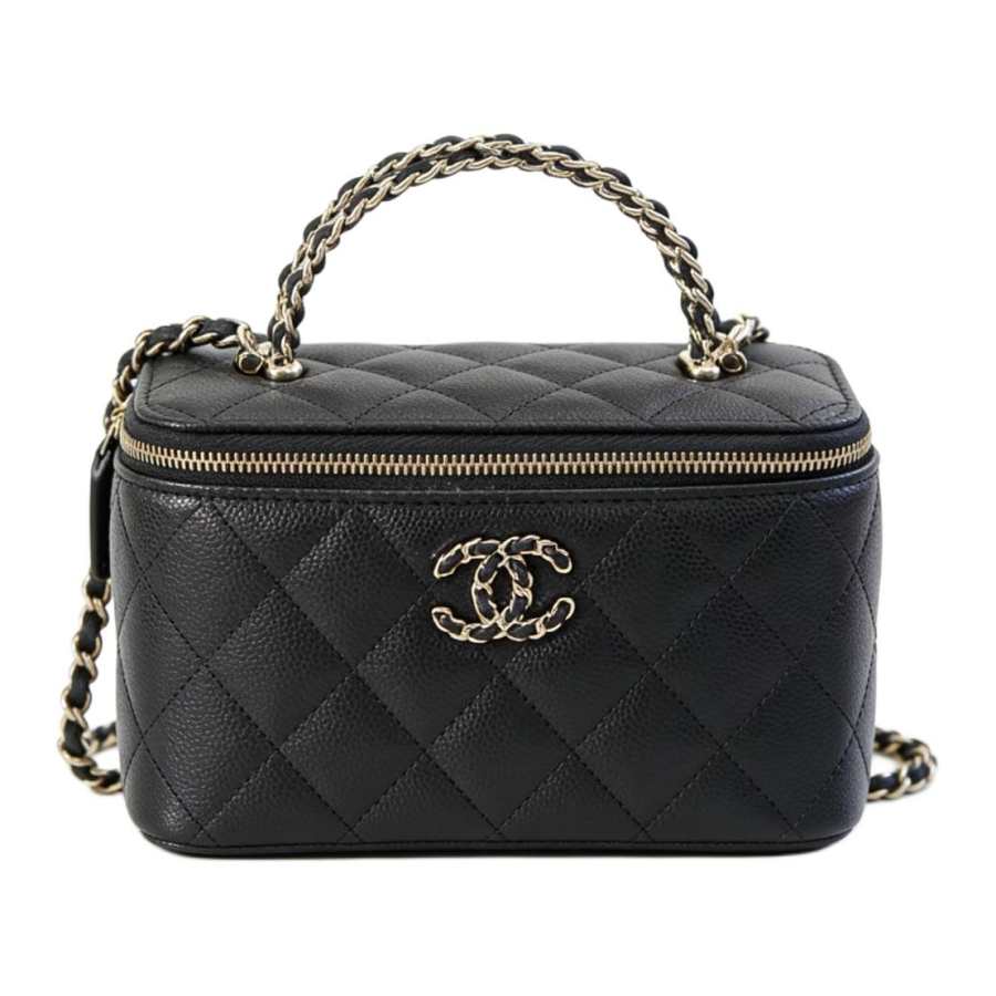 CHANEL Shiny Grain Embossed Calfskin & Gold Metal Box Bag Makeup Bag Handbag Women's Black
