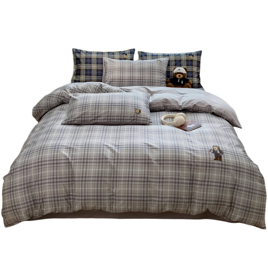 Teenie Weenie Bear Vintage Preppy Style Plaid 100% Cotton Bed Sheets & Duvet Cover