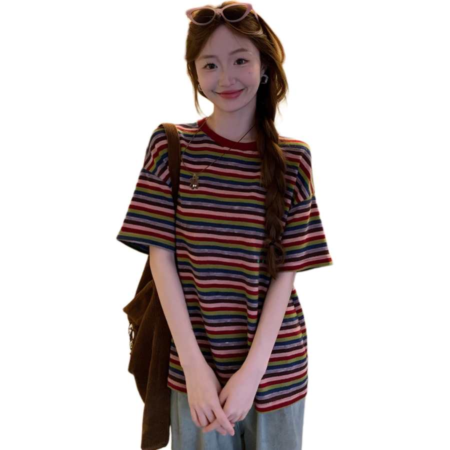 JBBCN T Shirts Women's Stripes Crew Neck Thin Straight Fit
