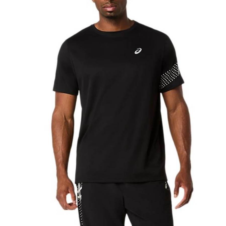 ASICS T Shirts Men's Performance Black/Cream Crew Neck Moderate Straight Fit