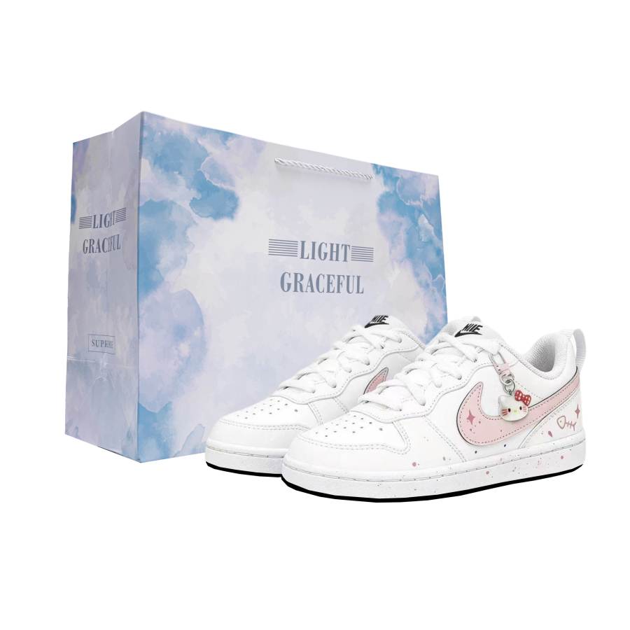 Nike Nike Court Borough 2 Fish And Meowth Leather Low top Skateboard Shoes White Pink Teenagers