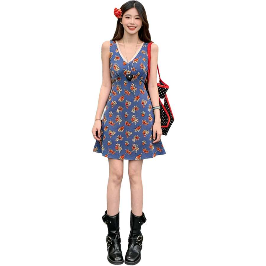 JBBCN Sleeveless Dresses Women's Floral V Neck Thin Short