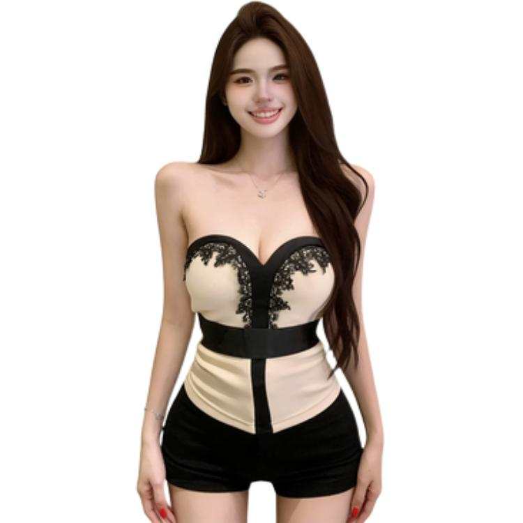 VENICEW Strapless Tops Women's Khaki Moderate Nipped In Waist