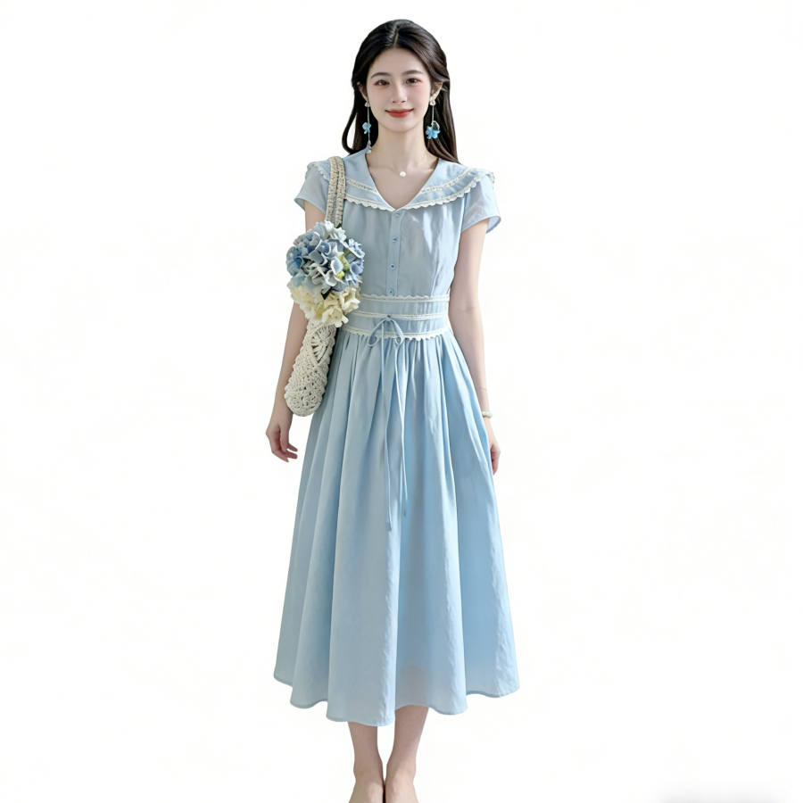 CPAURA Short Sleeved Dresses Women's Blue Peter Pan Collar Thin Long