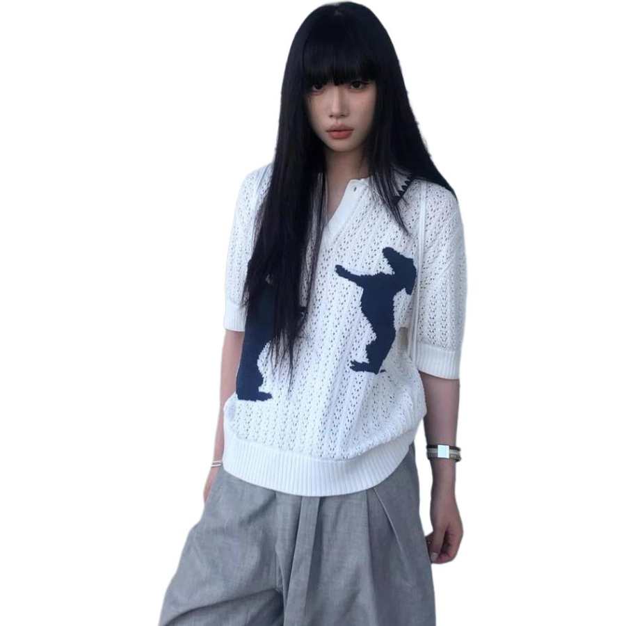 Cotton Gene Knitwear Women's White Polo Collar Thin