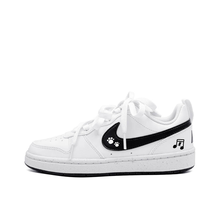 Nike Nike Court Borough Cat Paw Note Synthetic Leather Abrasion Resistant Low top Skateboard Shoes Black White Teenagers