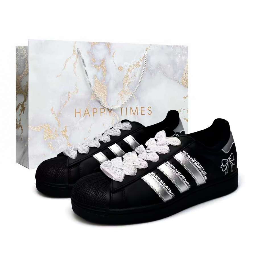 Adidas Originals Superstar 2 Night Silver Butterfly Synthetic Leather Low top Kids' Skateboarding Shoes Black Silver