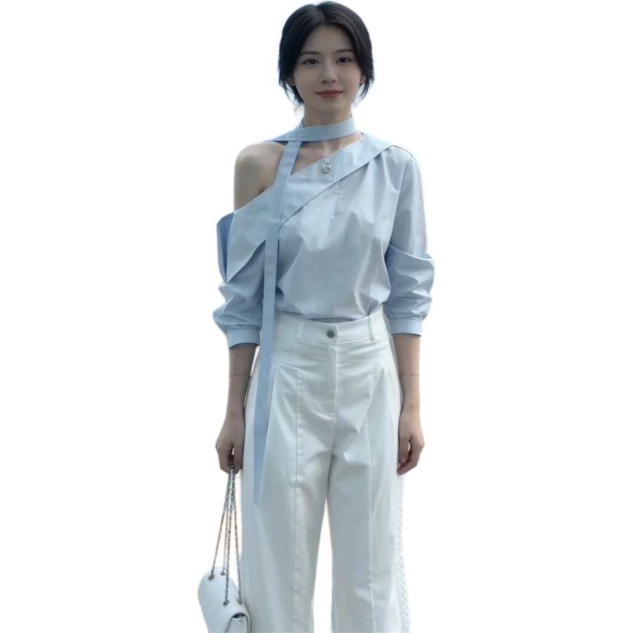 Cotton Gene Shirts Women's Light Blue Asymmetrical Collar Moderate Shirt