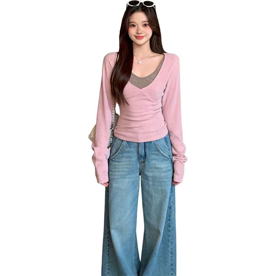 JBBCN Knitwear Women's Pink V Neck Moderate Mock Two Piece