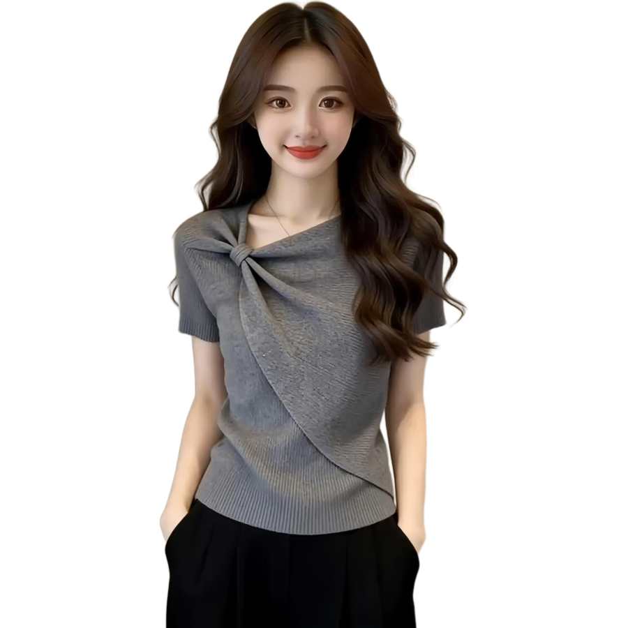 JBBCN T Shirts Women's Gray Knitted Fabric Asymmetrical Collar