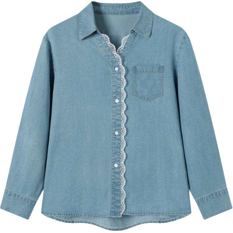 Tonlion Shirts Women's Light Denim Blue Lapel Moderate Denim