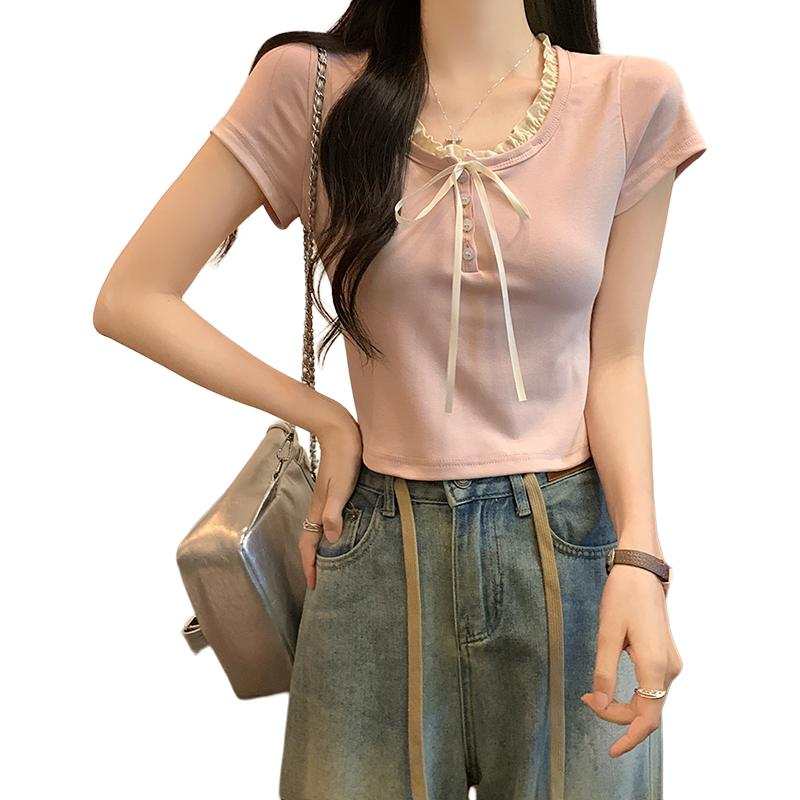 JBBCN T Shirts Women's Pink Crew Neck Thin Straight Fit