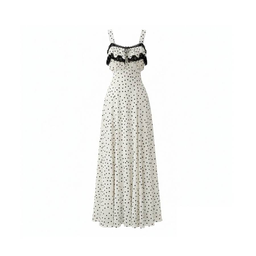 TUSHIFEI Slip Dresses Women's Polka Dot Square Collar Thin Long
