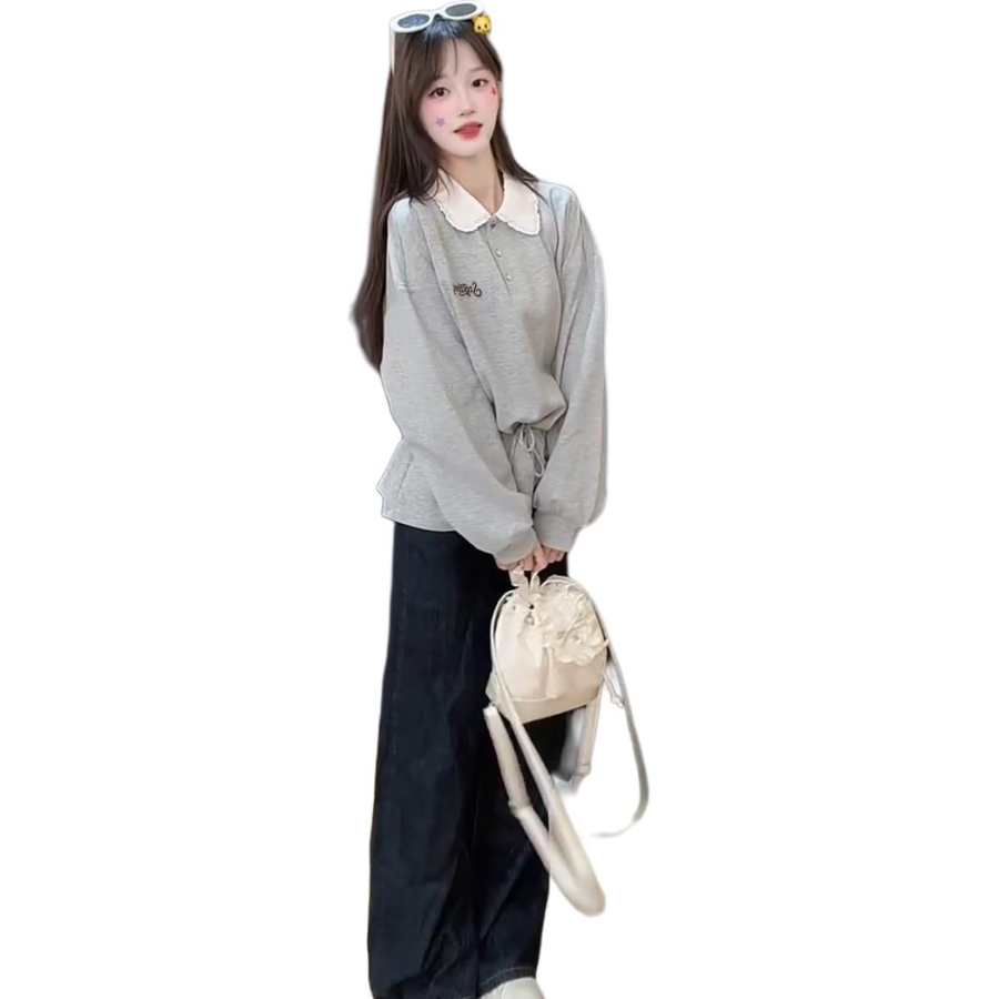 VENICEW Sweatshirts Women's Gray Peter Pan Collar Thin Regular