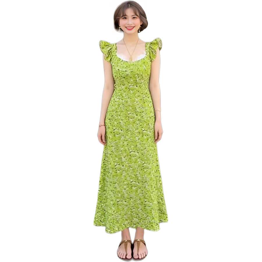 JBBCN Slip Dresses Women's Green Square Collar Moderate Long