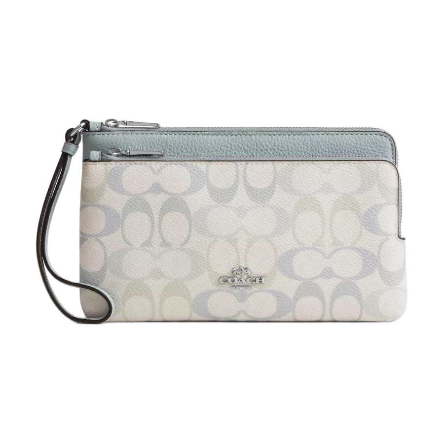 COACH Double Zip Wallet Coated Canvas With Litchi Grain Leather Wallet Women's Silver