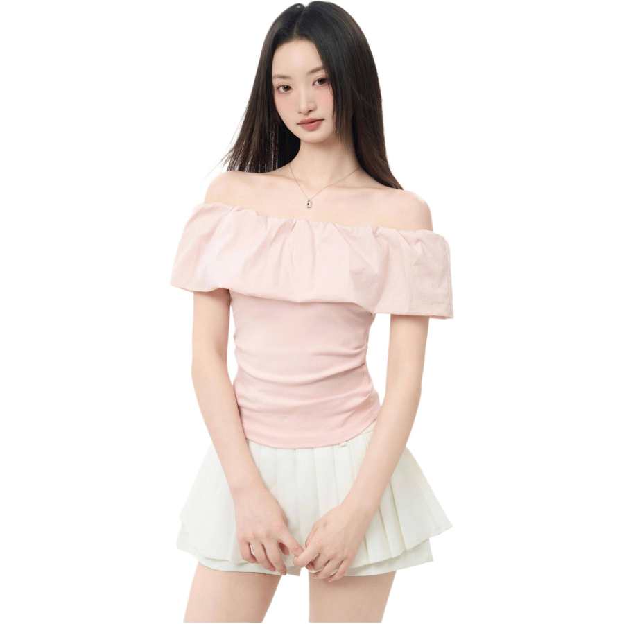VENICEW T Shirts Women's Ruffle Collar Thin Straight Fit