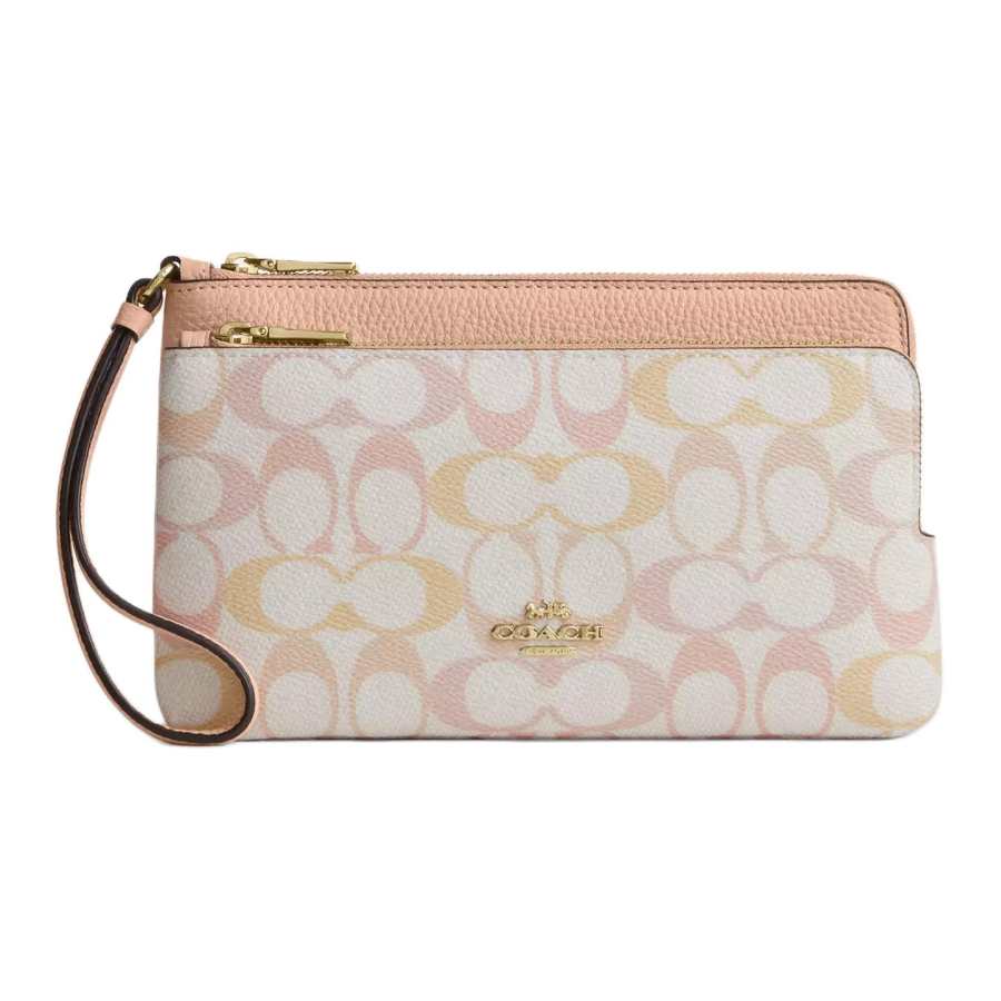 COACH Double Zip Wallet Coated Canvas With Pebbled Leather Clutch Small Women's Gold & Pink