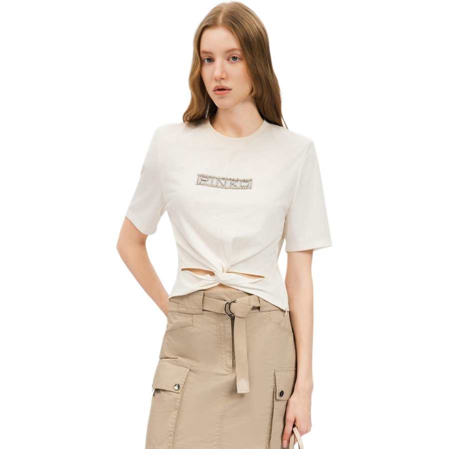 PINKO T Shirts Women's Ecru Crew Neck Moderate Nipped In Waist