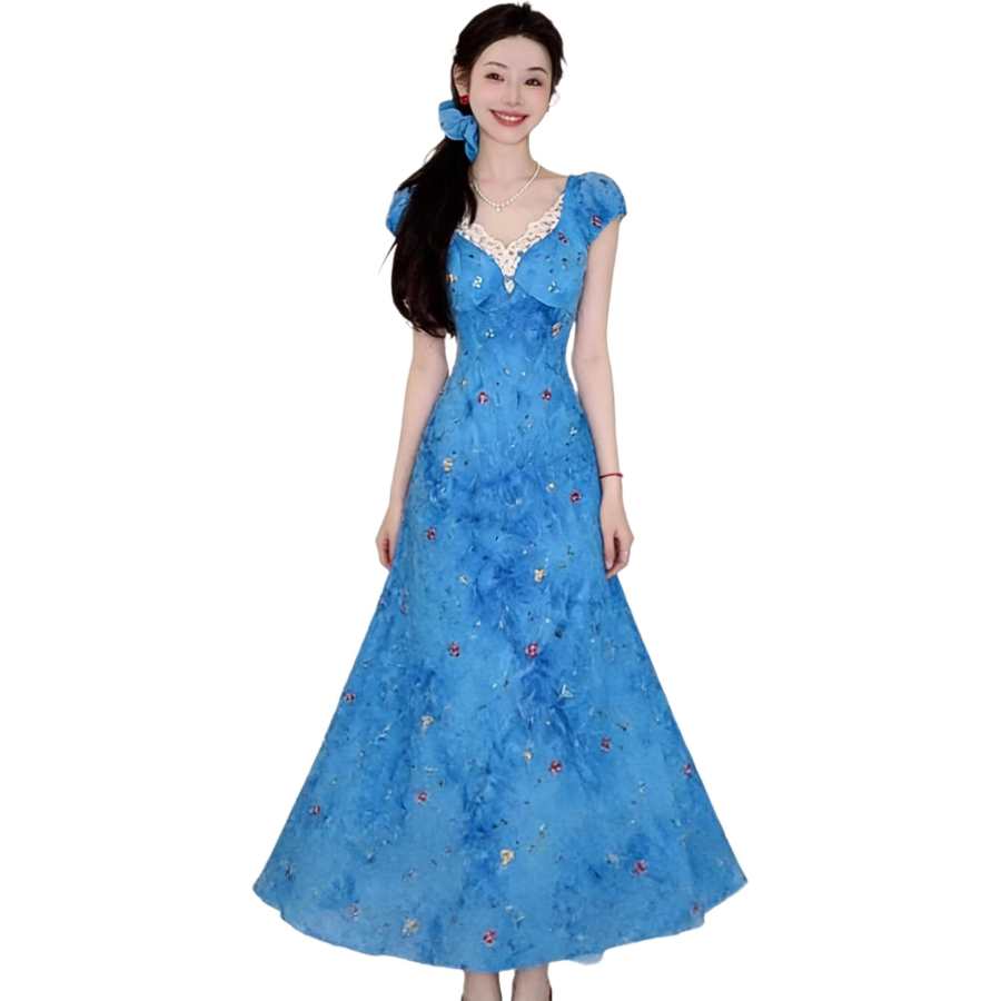 JBBCN Slip Dresses Women's Blue V Neck Moderate Long
