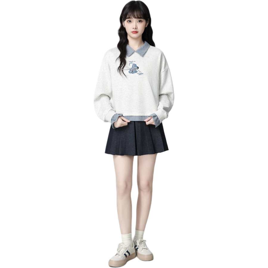 VENICEW Sweatshirts Women's White Gray Peter Pan Collar Thin Mock Two Piece