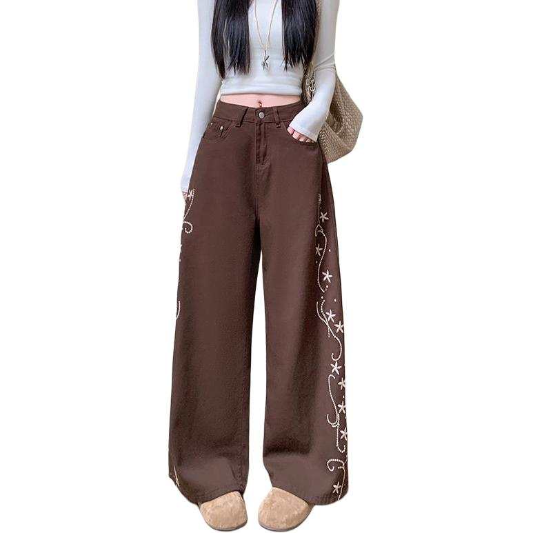 VENICEW Jeans Women's Coffee Moderate Wide Leg Pants