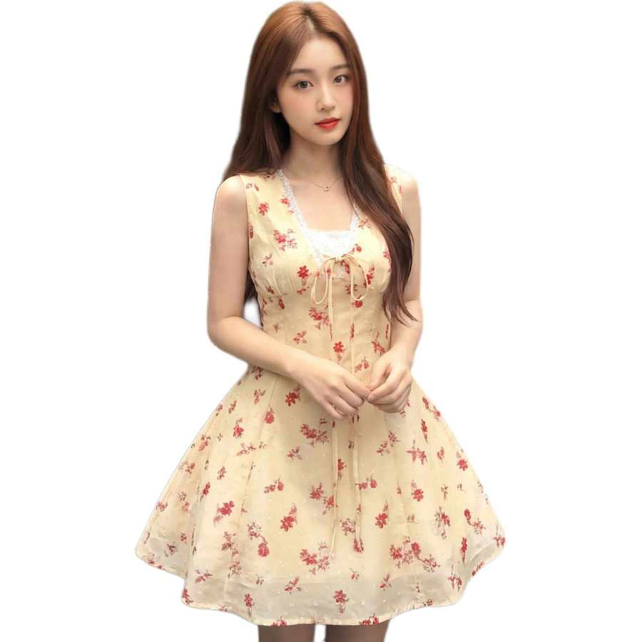JBBCN Slip Dresses Women's Yellow Floral Dress Square Collar Thin Short