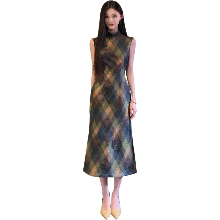 JBBCN Sleeveless Dresses Women's Plaid Stand Collar Thin Long