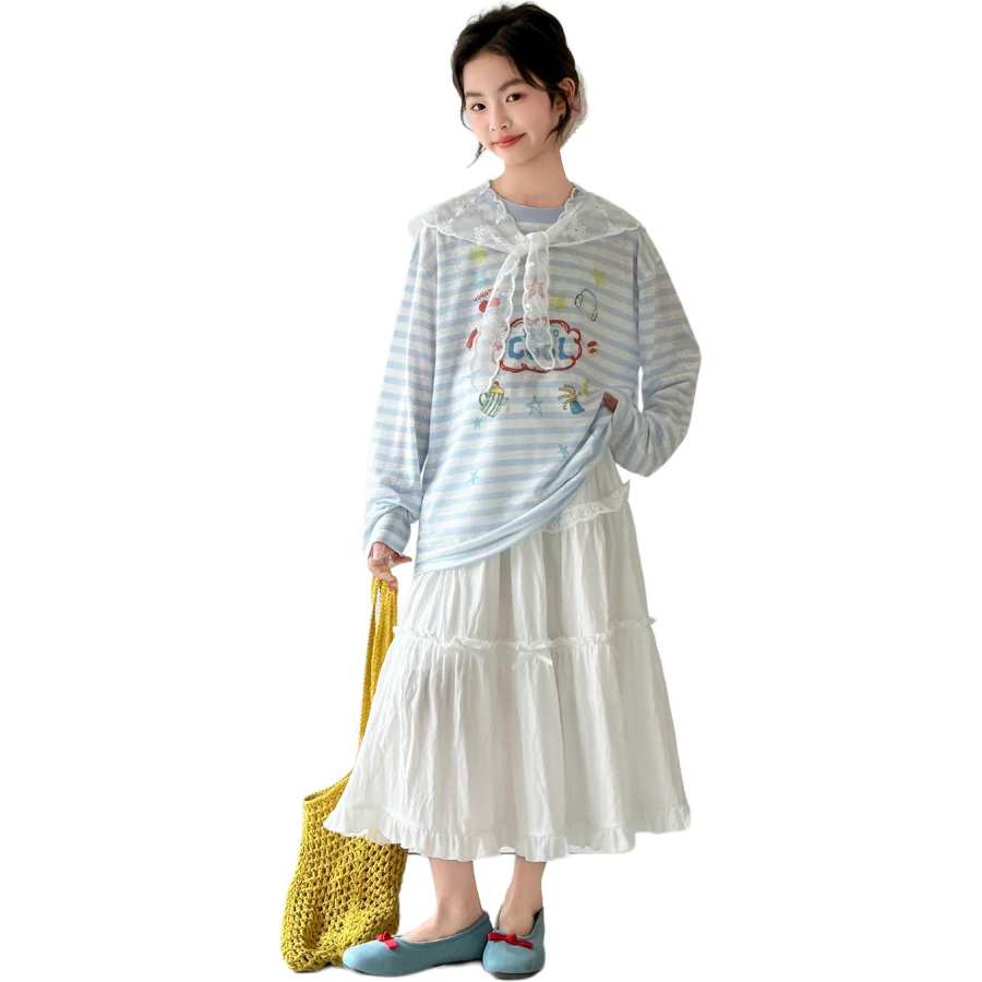 PLANDOO Kids Two Piece Skirt Sets Peter Pan Collar Moderate Mid Length