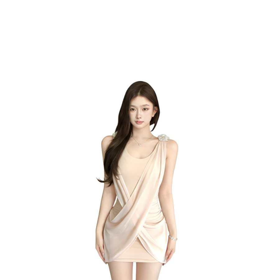 VENICEW Slip Dresses Women's Nude Pink Square Collar Moderate Short