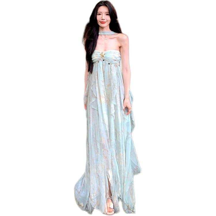 JBBCN Sleeveless Dresses Women's Mint Green Floral Dress Collarless Thin Long