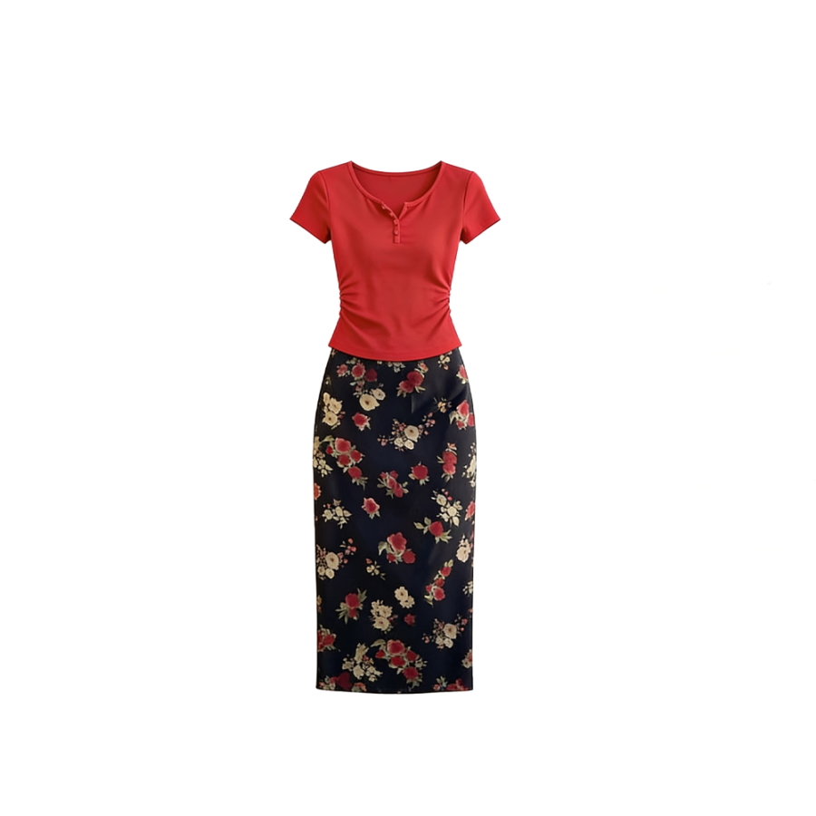 CPAURA Two Piece Skirt Sets Women's Red Top+Long Skirt Crew Neck Moderate Mid Length