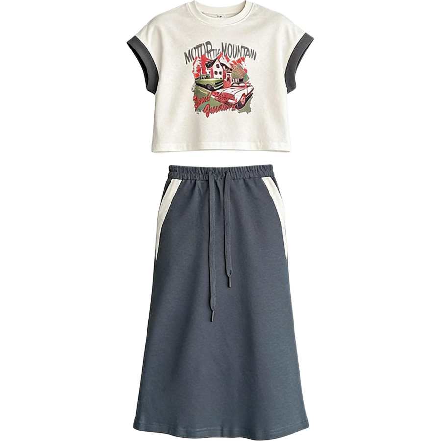 YALU Kids Two Piece Skirt Sets Crew Neck Thin Long