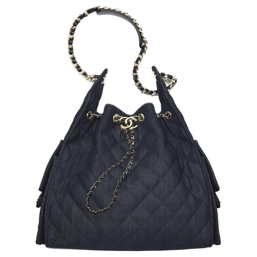 CHANEL Denim Shoulder Bag Medium Women's Dark Blue