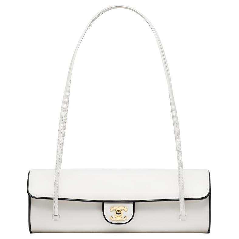 CHANEL Grain Embossed Cow Leather & Sheep Leather & Gold Metal Shoulder Bag Large Women's White