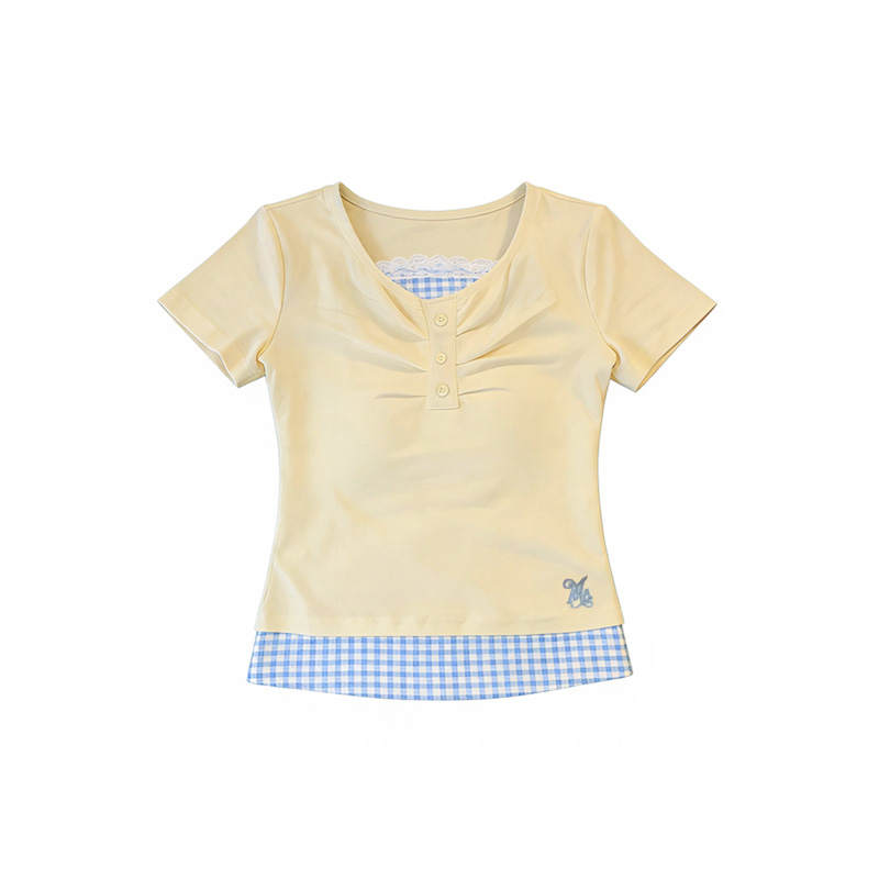 TUSHIFEI T Shirts Women's Yellow Crew Neck Moderate Mock Two Piece