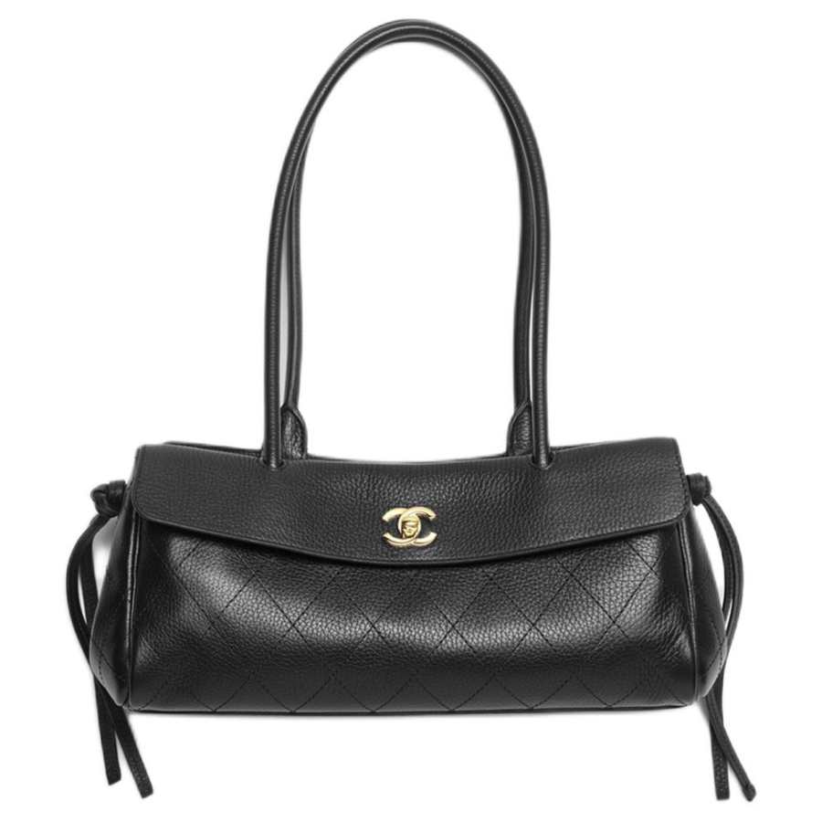 CHANEL Grain Embossed Calfskin & Gold Metal Shoulder Bag Small Women's Black