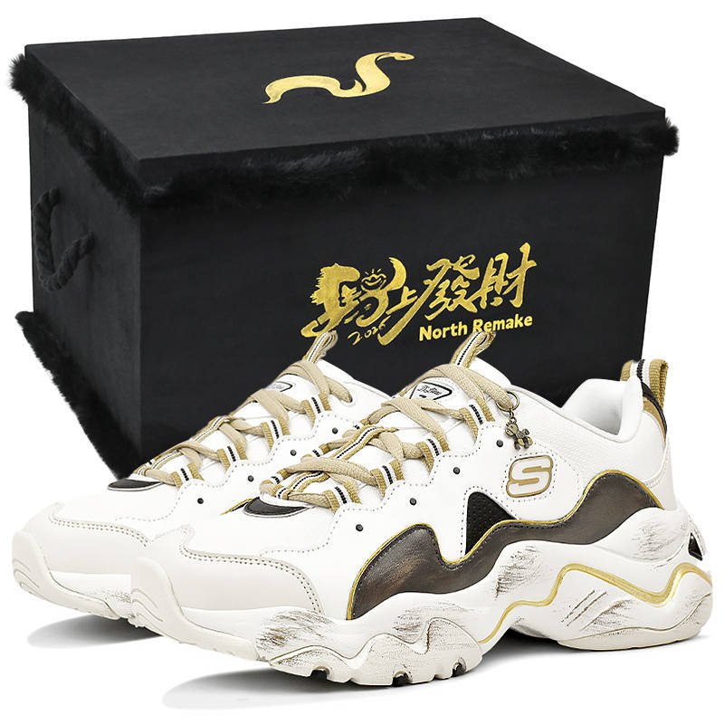 Skechers D'Lites 4.0 Abrasion Resistant Slip Resistant Low top Chunky Sneakers Women's White, Black, Gold