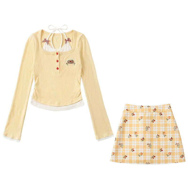 FABRIC PIG Two Piece Skirt Sets Women's Long Sleeved Top+Short Skirt U Neck Moderate Short