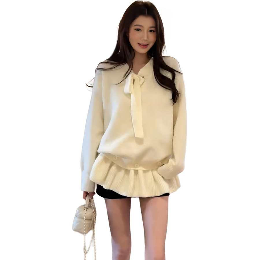 JBBCN Knitwear Women's Cream Apricot Peter Pan Collar Moderate Mock Two Piece