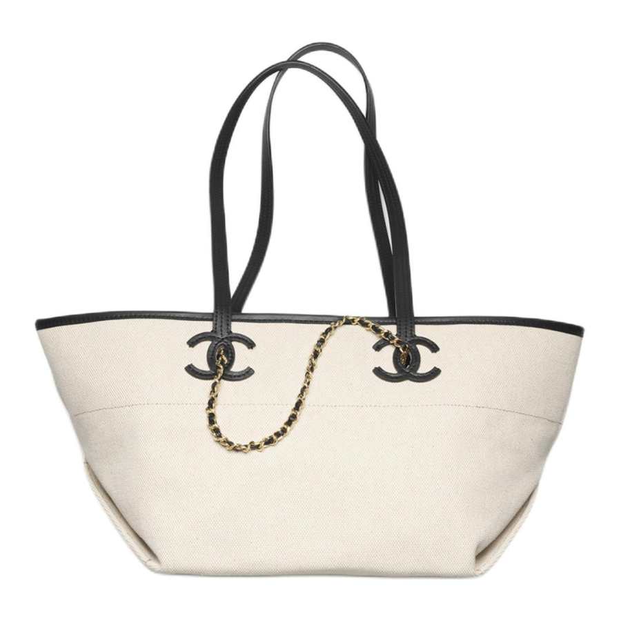 CHANEL Canvas & Calfskin With Gold & Metal Tote Bag, Shoulder Bag Small Women's Beige & Black